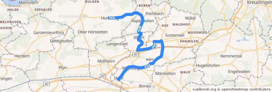 Mapa del recorrido Bus 832: Homburg, Dorf => Müllheim-Wigoltingen, Bahnhof de la línea  en Turgovia.