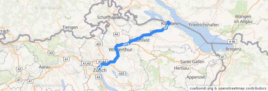 Mapa del recorrido Flixbus 124: Zürich HB (Carpark Sihlquai) => Stuttgart Airport Busterminal (SAB) de la línea  en Zwitserland.