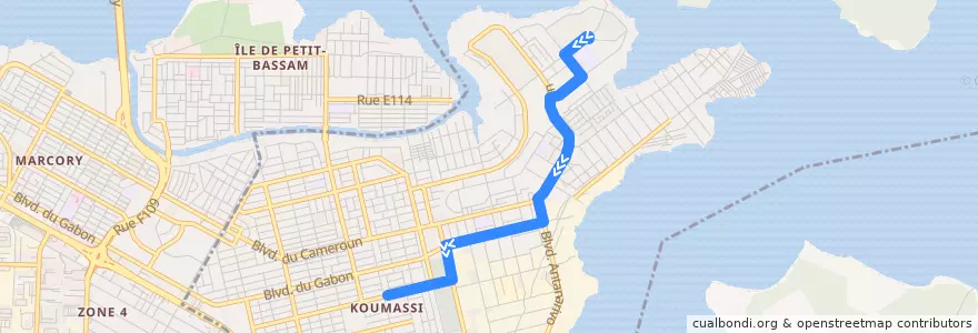 Mapa del recorrido woro woro : Terminus 05 → Koumassi grand marché de la línea  en Koumassi.