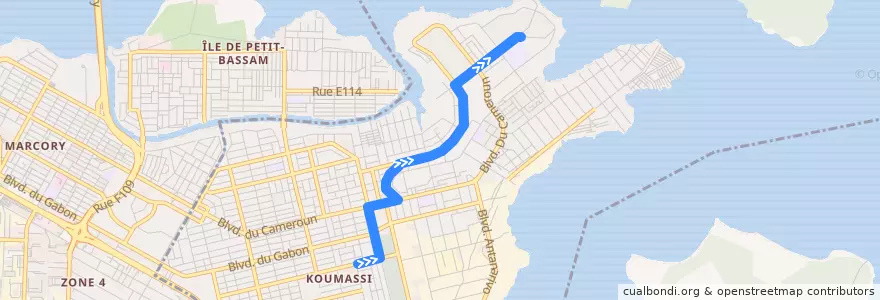 Mapa del recorrido woro woro : Koumassi grand marché → Terminus 05 de la línea  en Koumassi.