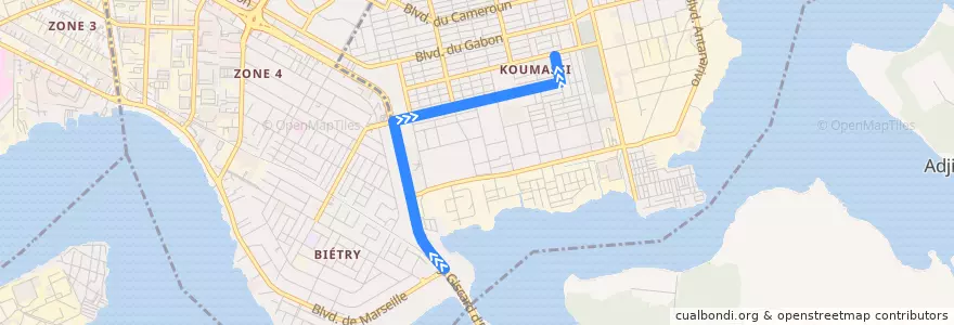 Mapa del recorrido woro woro : Ancien Koumassi → Koumassi grand marché de la línea  en アビジャン.