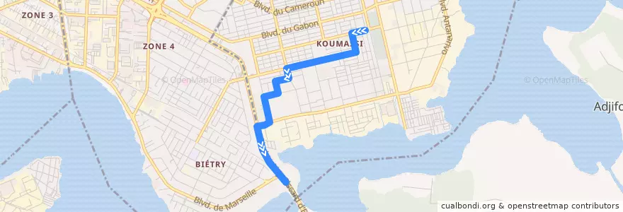 Mapa del recorrido woro woro : Koumassi grand marché → Ancien Koumassi de la línea  en أبيدجان.