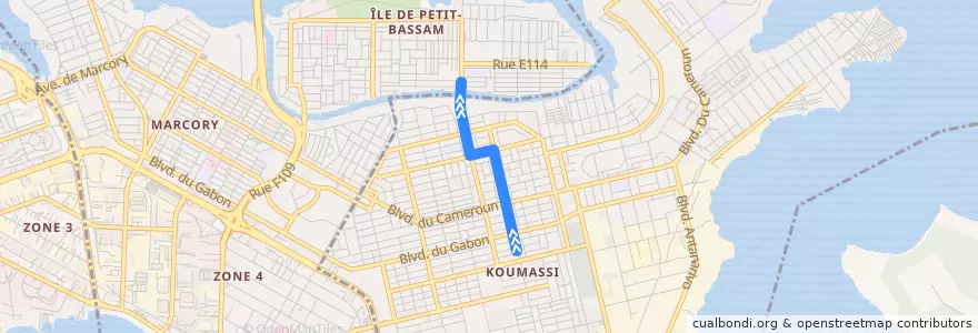 Mapa del recorrido woro woro : Koumassi grand marché → Sans fil de la línea  en Abican.