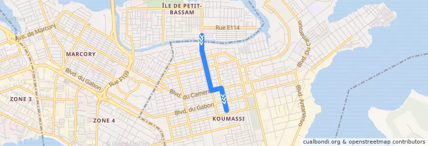 Mapa del recorrido woro woro : Sans fil → Koumassi grand marché de la línea  en Abidjan.