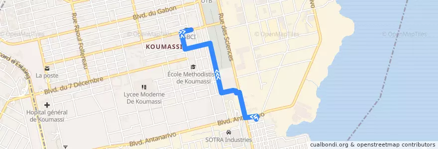 Mapa del recorrido woro woro : Soweto → Koumassi grand marché de la línea  en Koumassi.