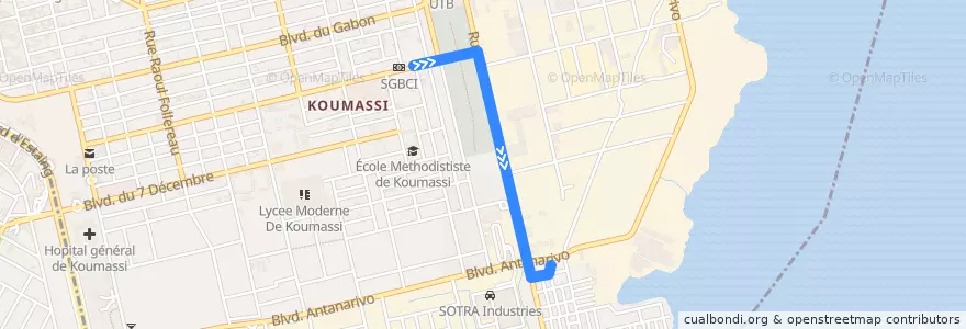 Mapa del recorrido woro woro : Koumassi grand marché → Soweto de la línea  en Koumassi.