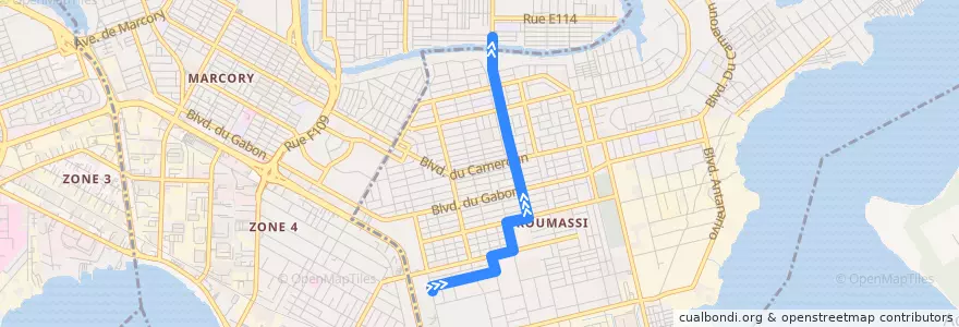Mapa del recorrido woro woro : Koumassi Hôpital général → Sans fil de la línea  en Abidjan.