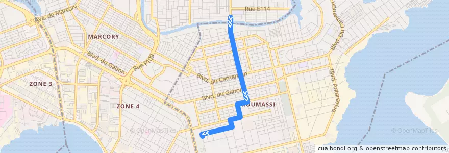 Mapa del recorrido woro woro : Sans fil → Koumassi Hôpital général de la línea  en Abican.