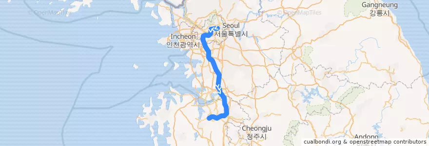 Mapa del recorrido 수도권 전철 1호선 경부·장항 계통: 청량리 → 신창 급행 de la línea  en كوريا الجنوبية.
