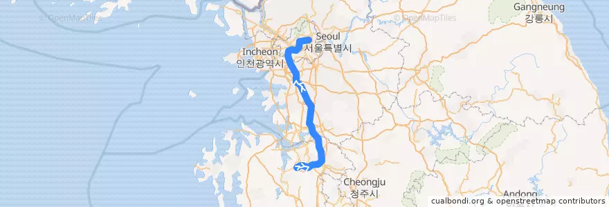 Mapa del recorrido 수도권 전철 1호선 경부·장항 계통: 신창 → 청량리 급행 de la línea  en Korea Selatan.