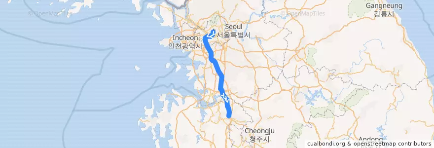 Mapa del recorrido 수도권 전철 1호선 경부·장항 계통: 서울역 → 천안 급행 de la línea  en Республика Корея.