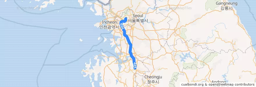 Mapa del recorrido 수도권 전철 1호선 경부·장항 계통: 천안 → 서울역 급행 de la línea  en Corée du Sud.