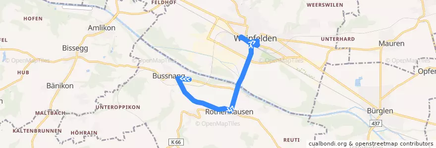 Mapa del recorrido Bus 935: Bussnang, Stadler => Weinfelden, Bahnhof de la línea  en Bezirk Weinfelden.
