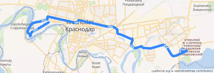 Mapa del recorrido Автобус №77: Торгово-развлекательный центр «OZ Mall» => Юбилейный микрорайон de la línea  en городской округ Краснодар.