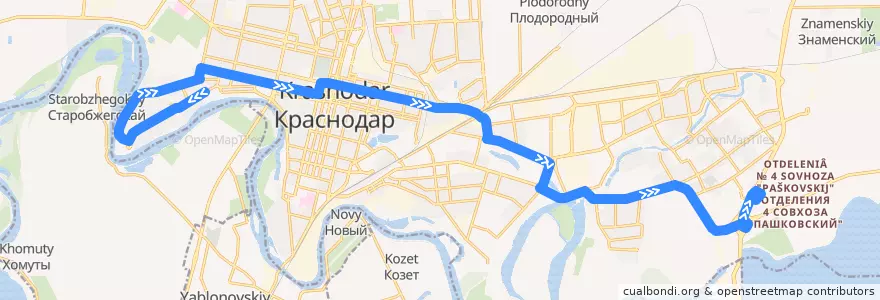 Mapa del recorrido Автобус №77: Юбилейный микрорайон => Торгово-развлекательный центр «OZ Mall» de la línea  en городской округ Краснодар.