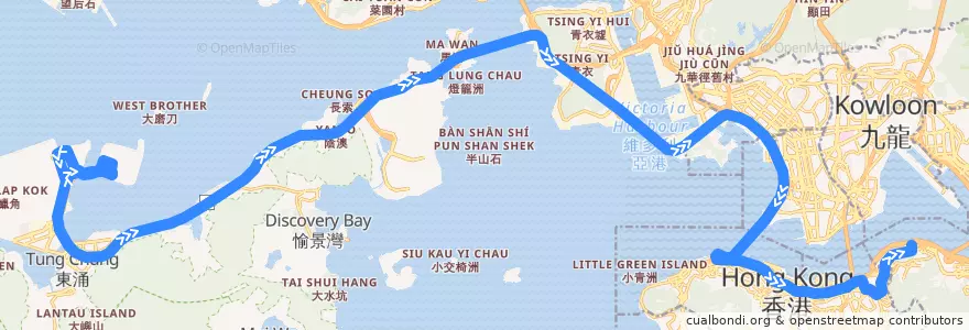 Mapa del recorrido 城巴機場快線A11線 Cityflyer A11 (北角碼頭 North Point Ferry Pier → 機場 Airport) de la línea  en 新界 New Territories.