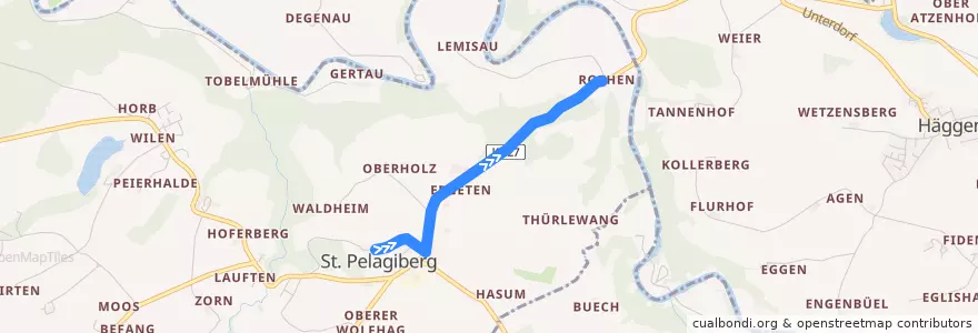 Mapa del recorrido Bus 950: St. Pelagiberg, Kurhaus => St. Pelagiberg, Rothen de la línea  en Bezirk Weinfelden.