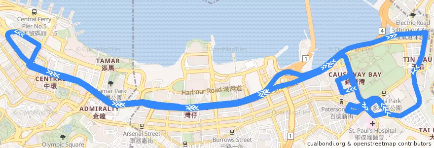 Mapa del recorrido 機場快線穿梭巴士H3 Airport Express Shuttle Bus H3 (香港站 Hong Kong Station ↺ 銅鑼灣 Causeway Bay) de la línea  en 香港島 Hong Kong Island.