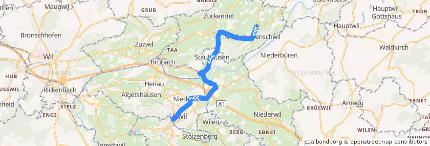Mapa del recorrido Bus 728: Niederhelfenschwil, Neudorf => Uzwil, Bahnhof de la línea  en Wahlkreis Wil.