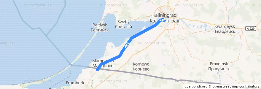 Mapa del recorrido Flixbus K1299: Kaliningrad, Busbahnhof => Danzig, Flughafen de la línea  en Oblast' di Kaliningrad.