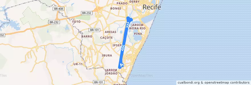 Mapa del recorrido TI Aeroporto - TI Afogados de la línea  en Recife.