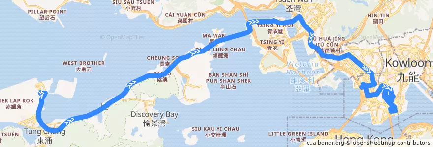 Mapa del recorrido 城巴機場快線A20線 Cityflyer A20 (機場 Airport → 紅磡站 Hung Hom Station) de la línea  en 新界.