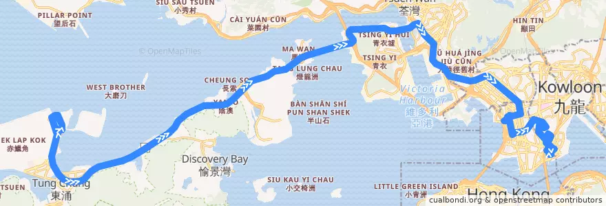 Mapa del recorrido 城巴機場快線A20線 Cityflyer A20 (紅磡站 Hung Hom Station → 機場 Airport) de la línea  en Nuevos Territorios.
