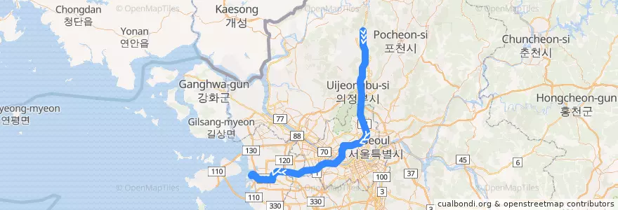 Mapa del recorrido 수도권 전철 1호선 경인·경원 계통 급행: 동두천 → 인천 de la línea  en Corea del Sur.