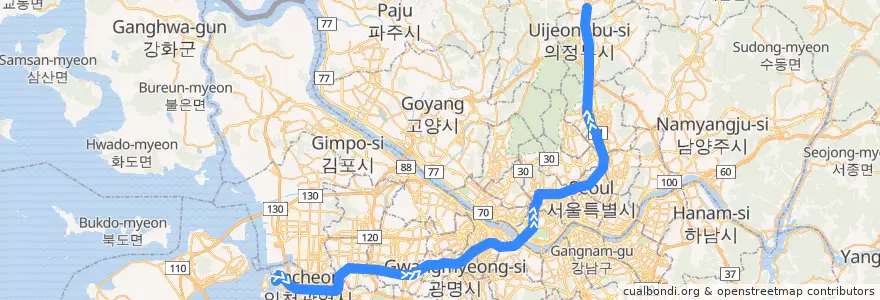 Mapa del recorrido 수도권 전철 1호선 경인·경원 계통: 인천 → 양주 de la línea  en Korea Selatan.