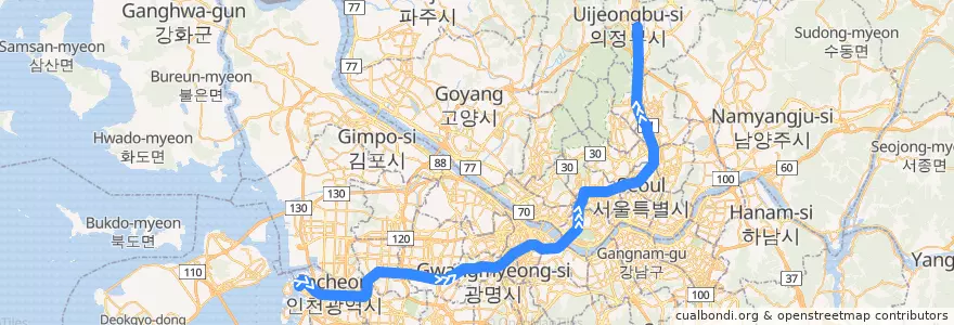 Mapa del recorrido 수도권 전철 1호선 경인·경원 계통: 인천 → 의정부 de la línea  en كوريا الجنوبية.