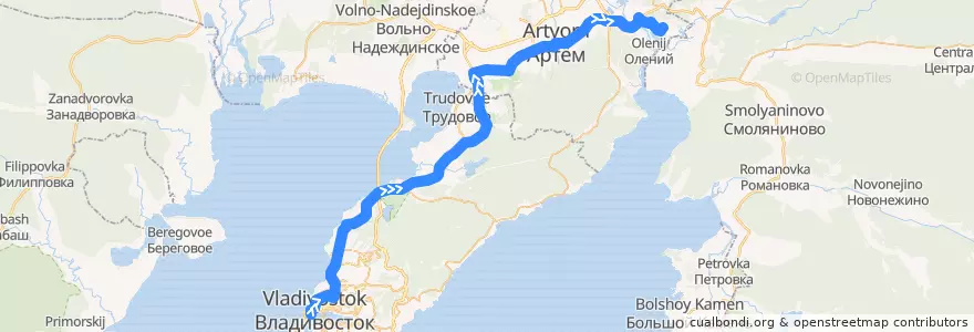 Mapa del recorrido Автобус 106: Ж/д вокзал — Артём ГРЭС de la línea  en Krai de Primorie.