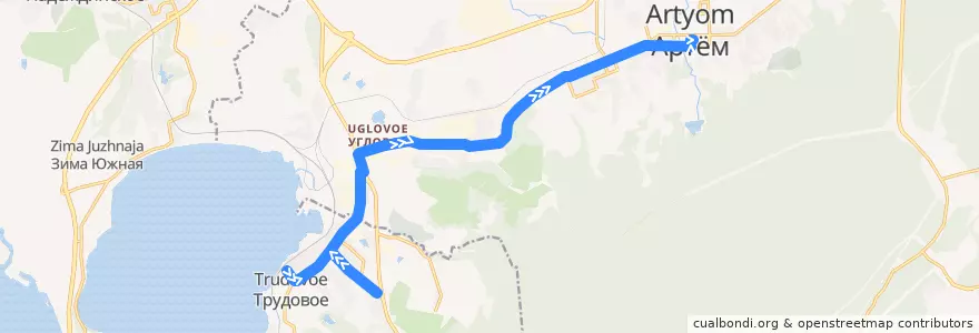 Mapa del recorrido Автобус 101: Станция Угольная — Артём-Центр de la línea  en Primorsky Krai.