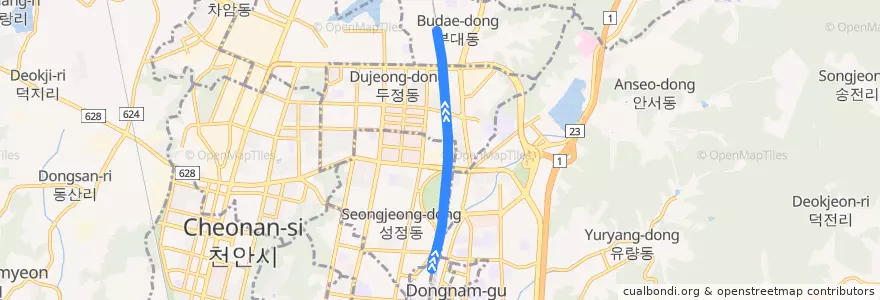 Mapa del recorrido 수도권 전철 1호선 경부·장항 계통: 천안 → 구로 급행 de la línea  en Seobuk-gu.
