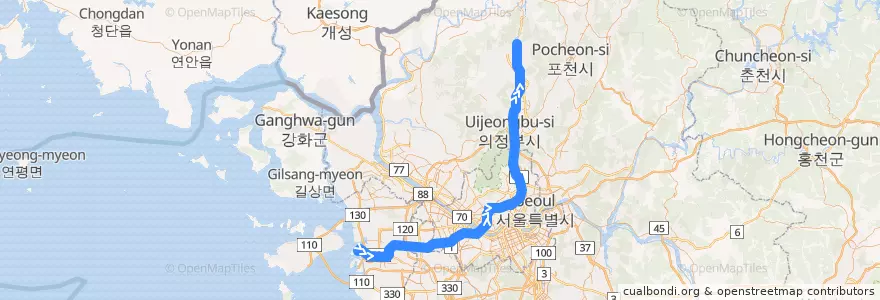 Mapa del recorrido 수도권 전철 1호선 경인·경원 계통 급행: 인천 → 동두천 de la línea  en Korea Selatan.