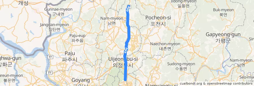 Mapa del recorrido 수도권 전철 1호선 경인·경원 계통: 소요산 → 인천 급행 de la línea  en 경기도.