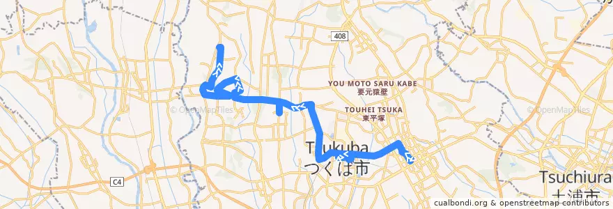 Mapa del recorrido つくバス上郷シャトル つくばセンター⇒豊里の杜⇒とよさと病院 de la línea  en Tsukuba.