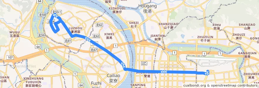 Mapa del recorrido 臺北市 225區 松山機場-蘆洲 (返程) de la línea  en تايبيه الجديدة.