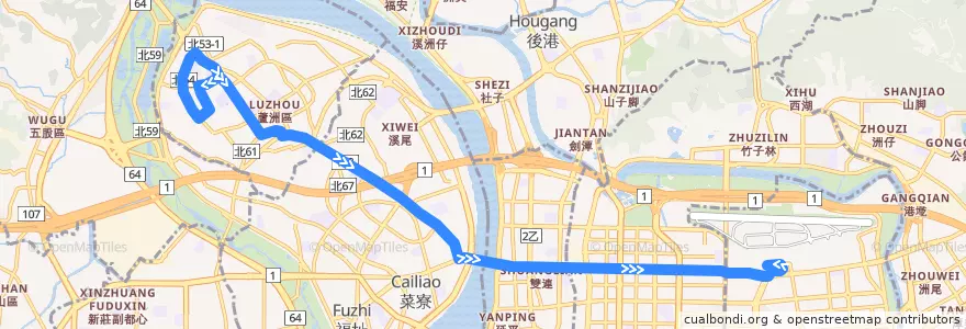 Mapa del recorrido 臺北市 225區 蘆洲-松山機場 (往程) de la línea  en Nuova Taipei.