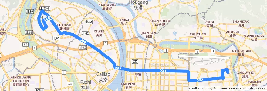 Mapa del recorrido 臺北市 225 蘆洲-民生社區 (往程) de la línea  en Nuevo Taipéi.