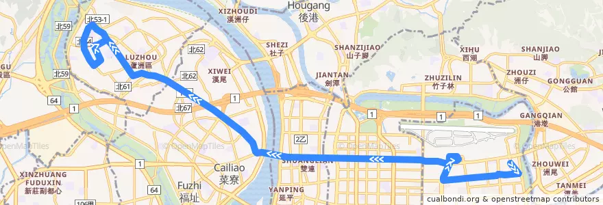 Mapa del recorrido 臺北市 225 民生社區-蘆洲 (返程) de la línea  en Nouveau Taipei.