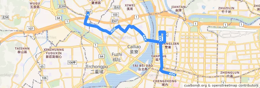 Mapa del recorrido 臺北市 274 臺北車站-蘆洲 (返程) de la línea  en 新北市.