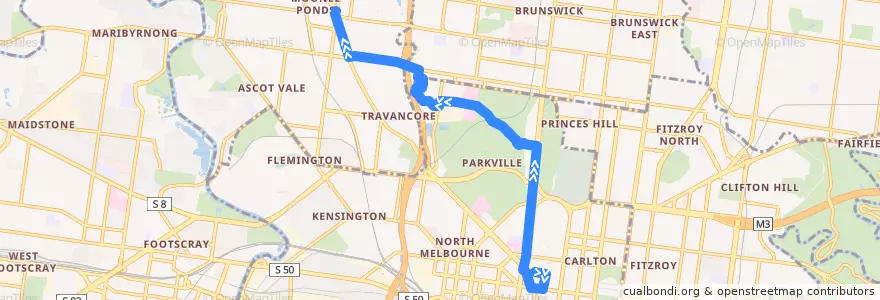 Mapa del recorrido Bus 505: Melbourne University => Parkville Gardens => Moonee Ponds Interchange de la línea  en Victoria.