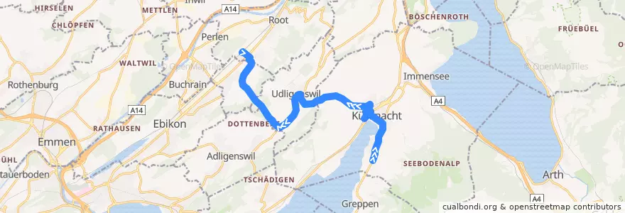 Mapa del recorrido Bus 29: Küssnacht am Rigi, Rotenhofstrasse => Root D4, Bahnhof de la línea  en Schweiz/Suisse/Svizzera/Svizra.
