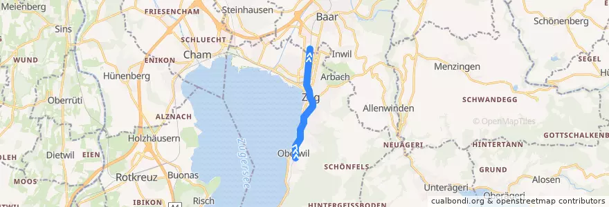 Mapa del recorrido S2: Zug Oberwil => Baar Lindenpark de la línea  en Zug.