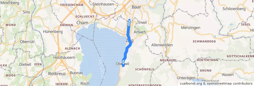 Mapa del recorrido S2: Baar Lindenpark => Zug Oberwil de la línea  en Zug.