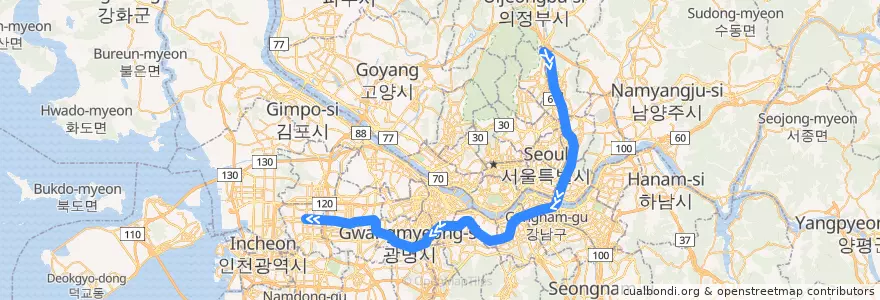 Mapa del recorrido 서울 지하철 7호선: 도봉산 → 부평구청 de la línea  en 대한민국.