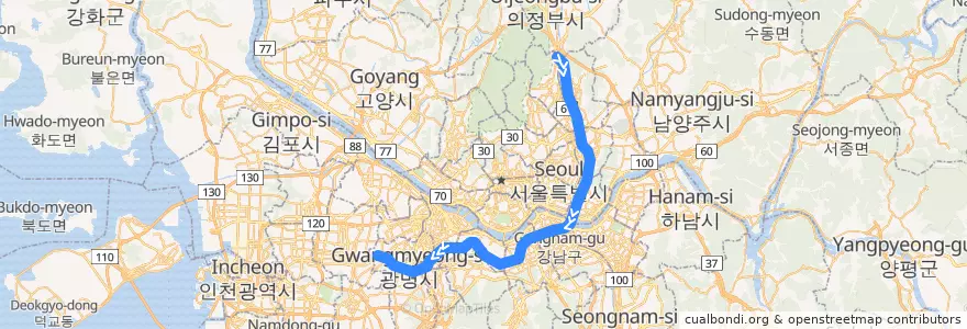 Mapa del recorrido 서울 지하철 7호선: 도봉산 → 온수 de la línea  en Сеул.