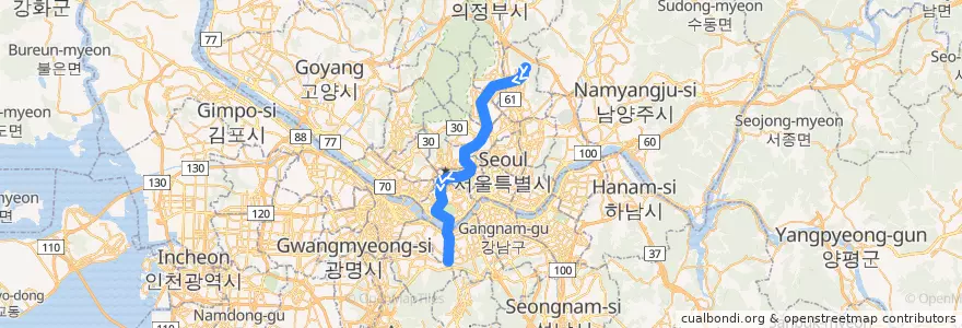 Mapa del recorrido 서울 지하철 4호선: 당고개 → 사당 de la línea  en سئول.