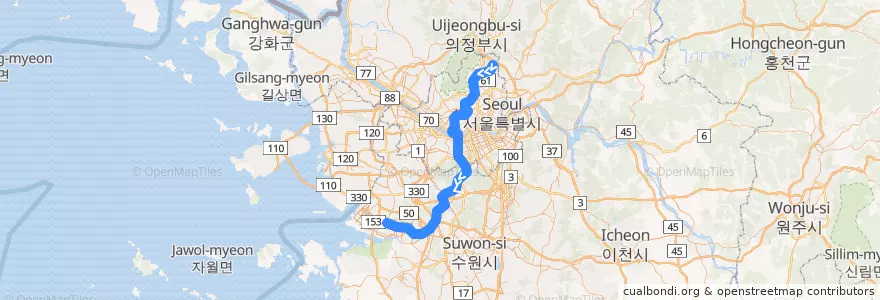 Mapa del recorrido 서울 지하철 4호선: 당고개 → 안산 de la línea  en Corea del Sur.