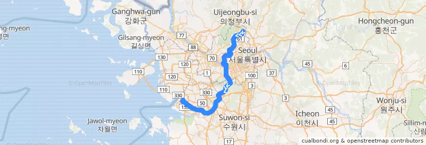 Mapa del recorrido 서울 지하철 4호선: 당고개 → 오이도 급행 de la línea  en کره جنوبی.